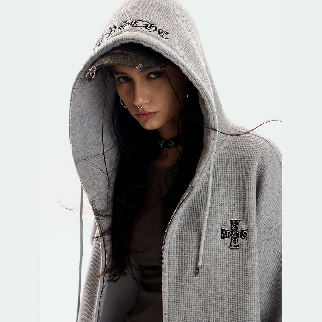 Waffle Knit Gothic Hooded Zip Sweatshirt