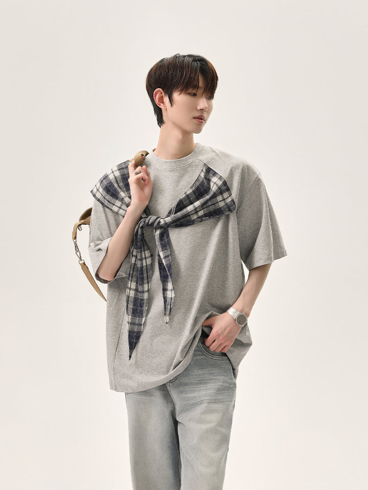 Plaid Shawl Short-Sleeve Pullover