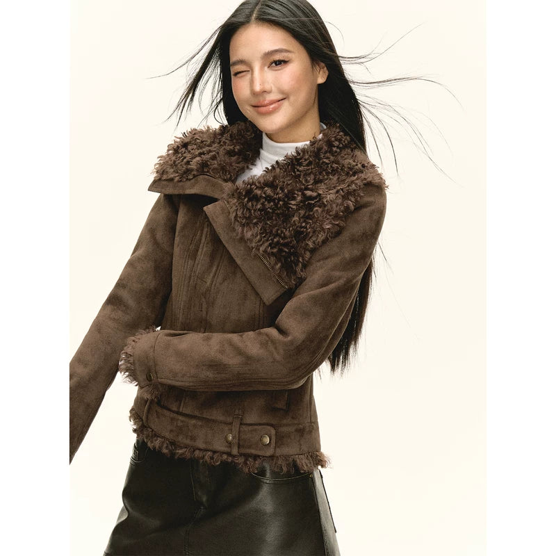 Lapel Faux Shearling Moto Jacket