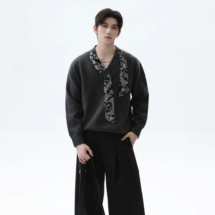 Silk Scarf V-Neck Knit Sweater