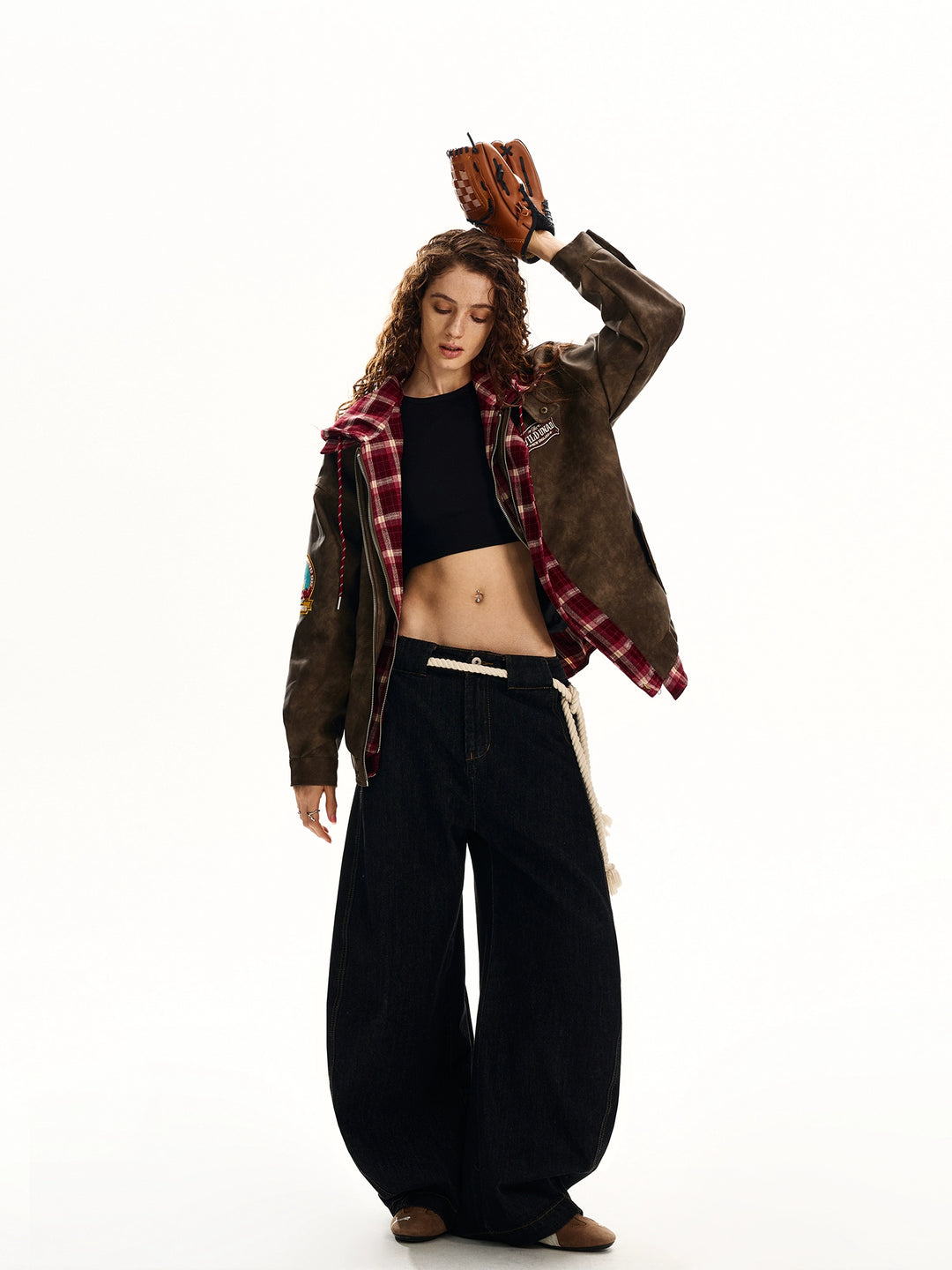 Plaid Splicing Hooded Leather Jacket