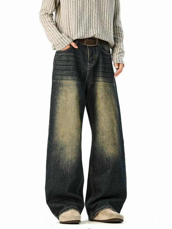 디스트레스트 워시드 와이드 레그 진 팬츠 