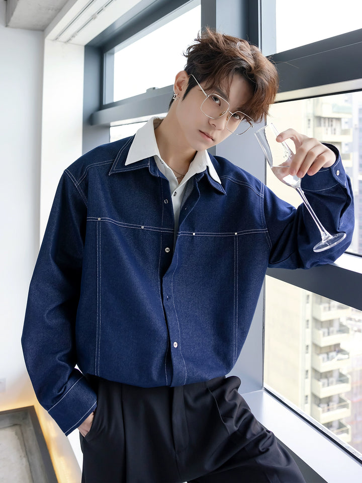 Camisa de manga larga con splicing de denim 