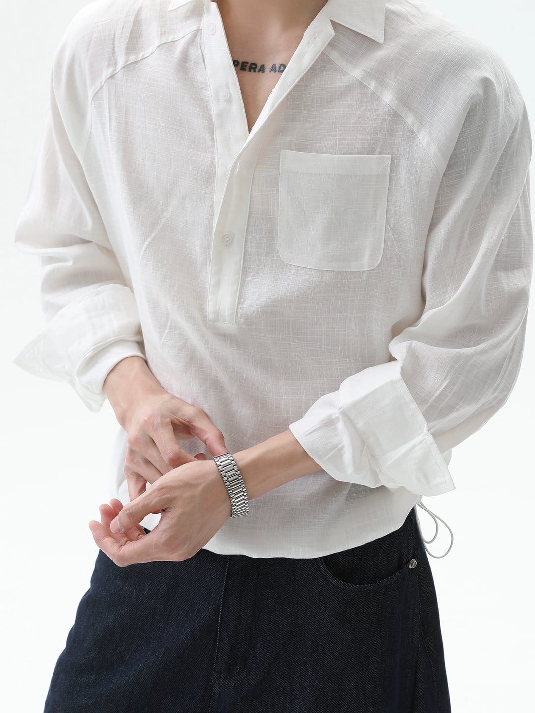 Chemise à boutons à manches raglan en lin avec col en V 