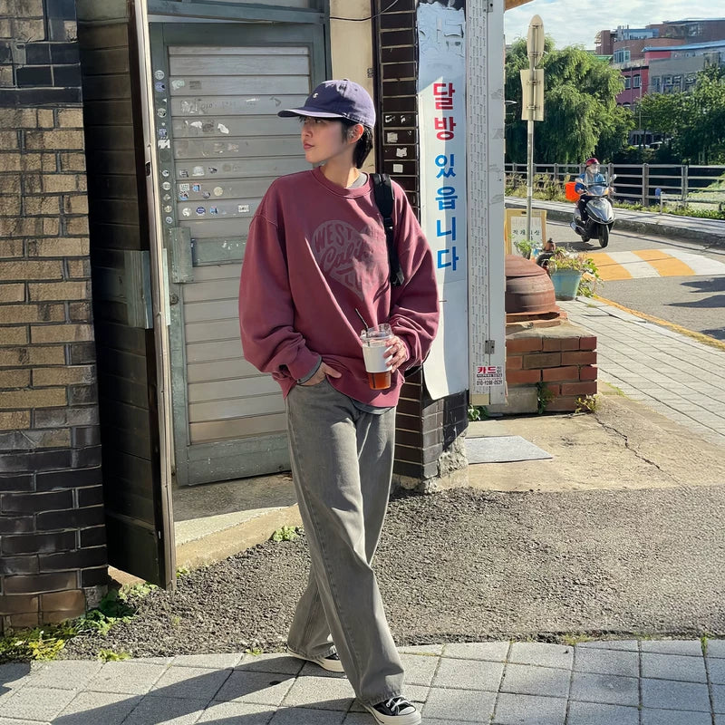 레트로 하트 프린트 크루 넥 스웨트셔츠 