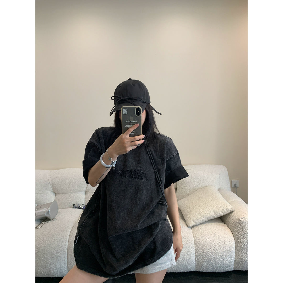 Distressed Embroidered Washed Short Sleeve Turtleneck