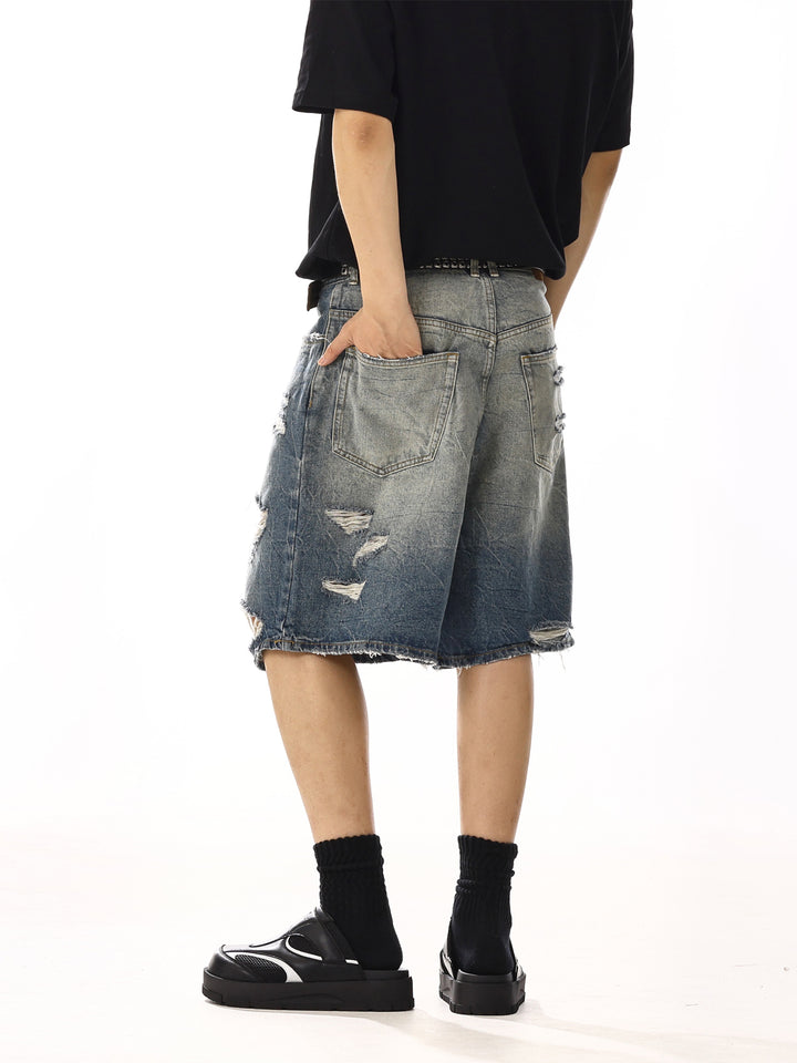 Distressed Raw Edge Wide Leg Denim Shorts