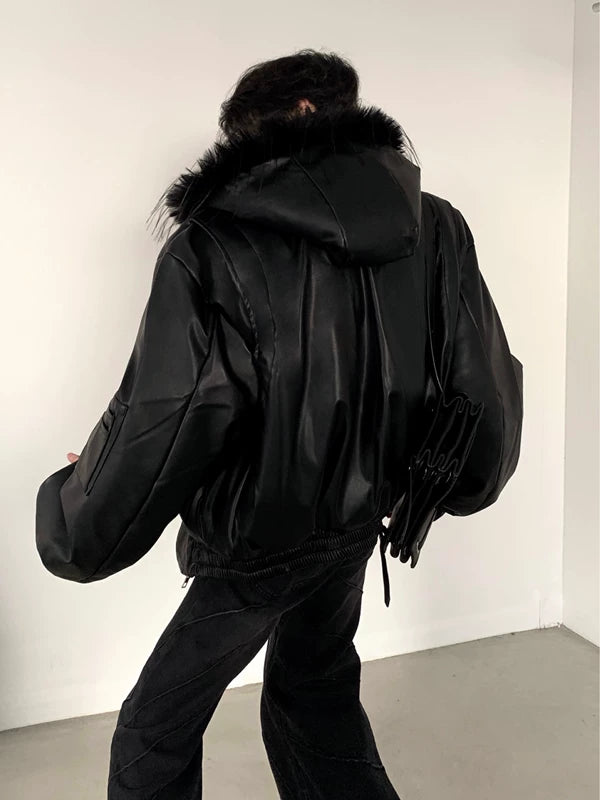 Leather Hooded Puffer Winter Jacket