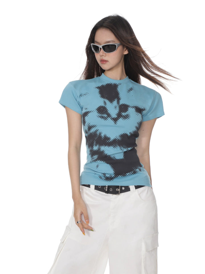 Retro Pixel Kat Print Fitted Turtleneck 