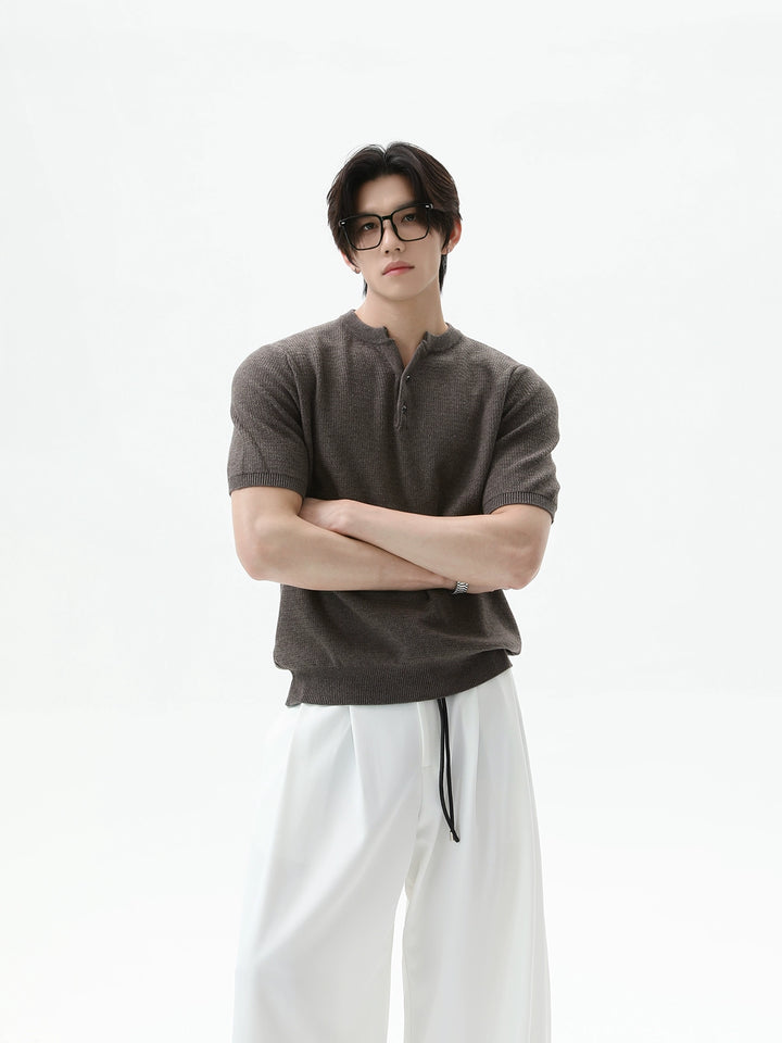 Waffle Knit Henley Korte Mouwen Pullover 
