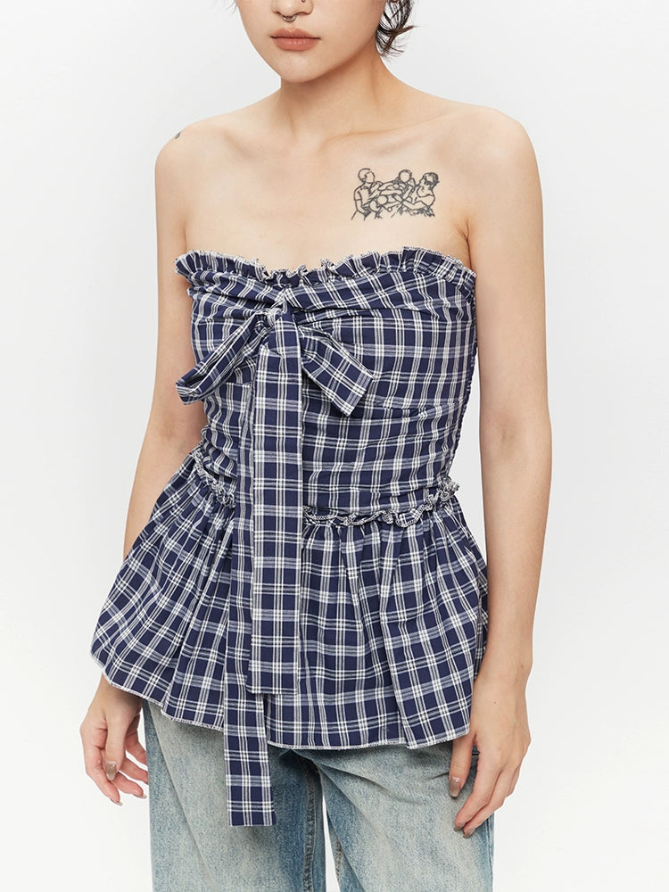 Plaid Strapless Pleated Bandeau Top