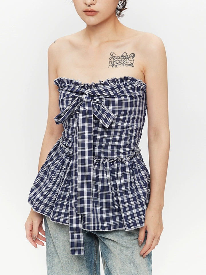 Plaid Strapless Pleated Bandeau Top