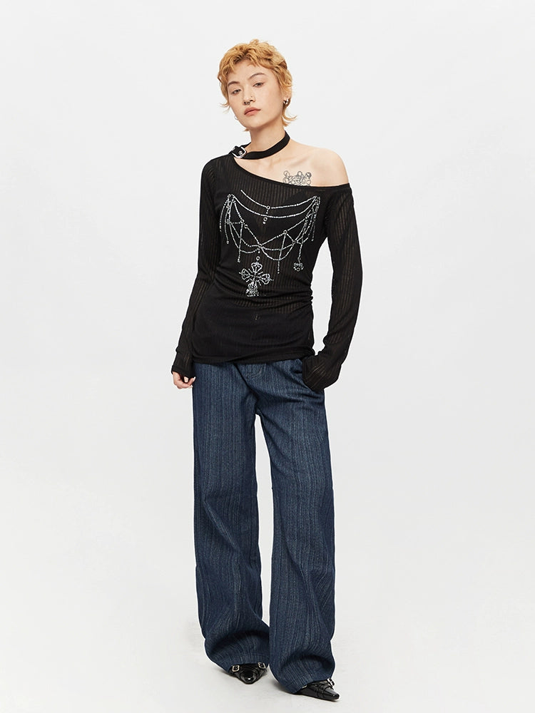 Off-Shoulder Sheer Long Sleeve Top