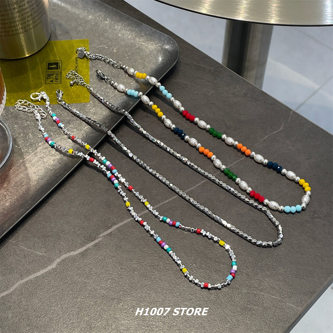 Beaded Silver Clavicle Necklace