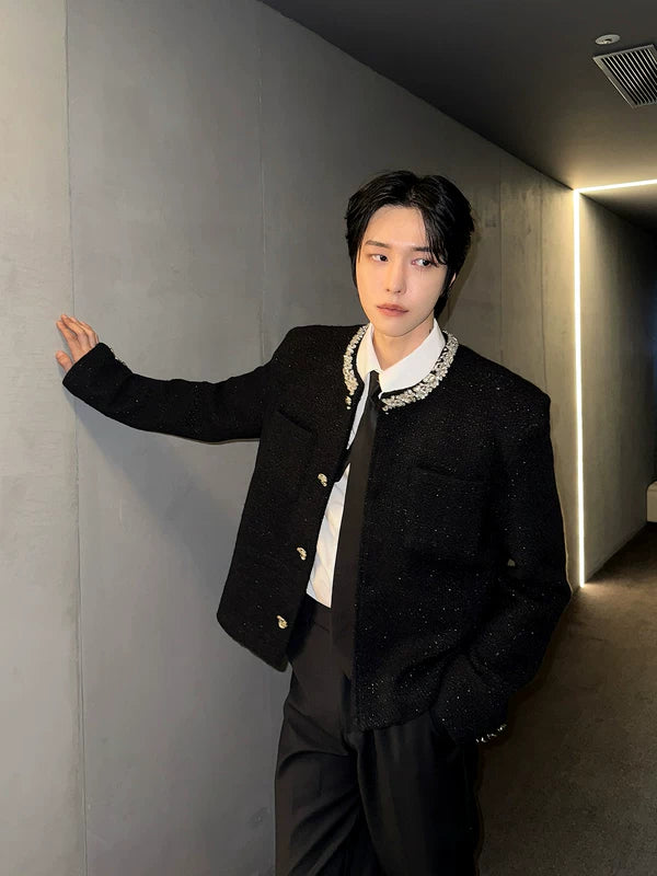 Rhinestone Collar Tweed Short Jacket