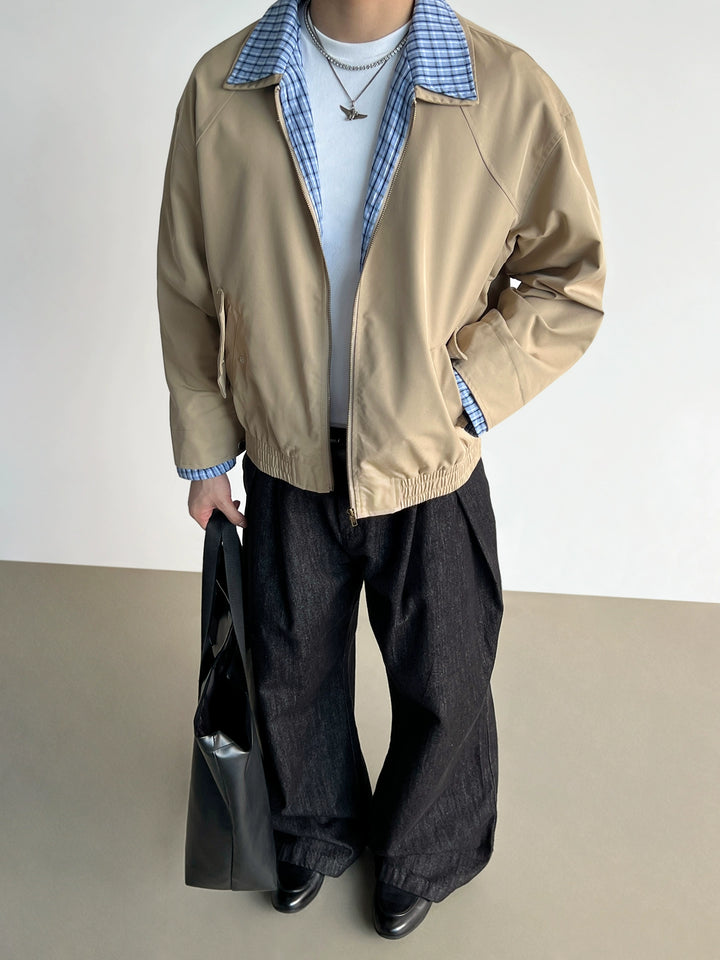 Plaid Collar Short Zip Flight Jacket