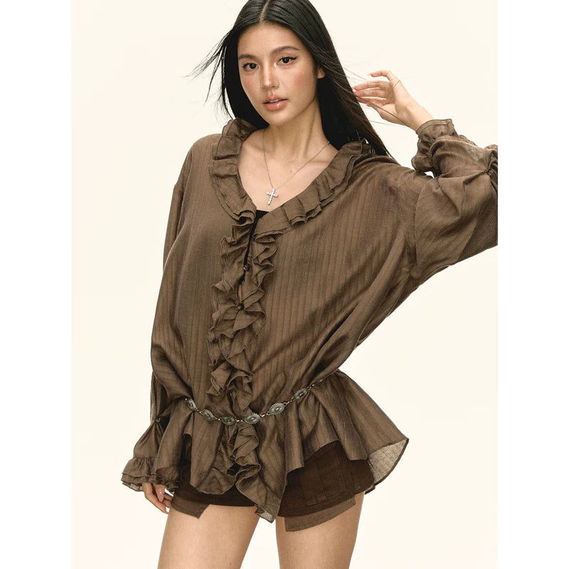 Chemise à manches longues à volants rétro 