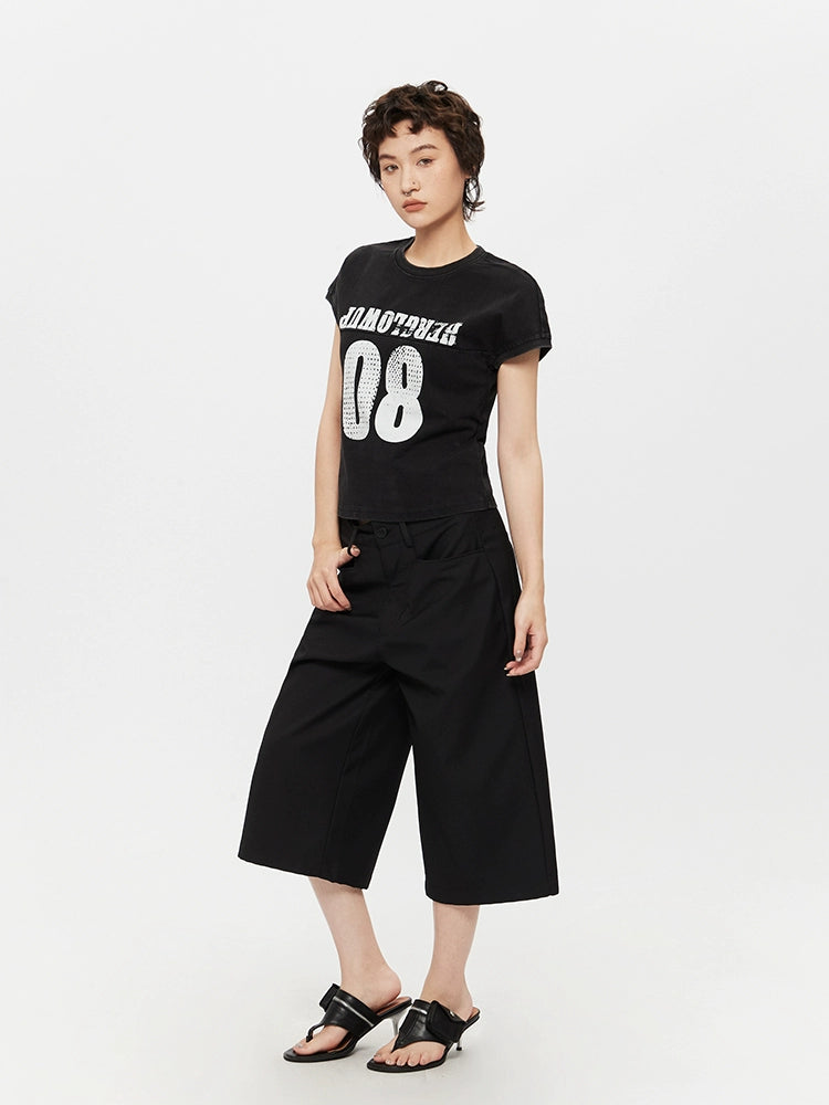T-shirt à manches courtes en coton usé avec lettre rétro 