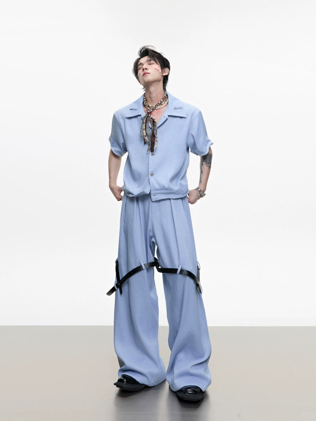 Twill Texture Short Sleeve Suit with Belt