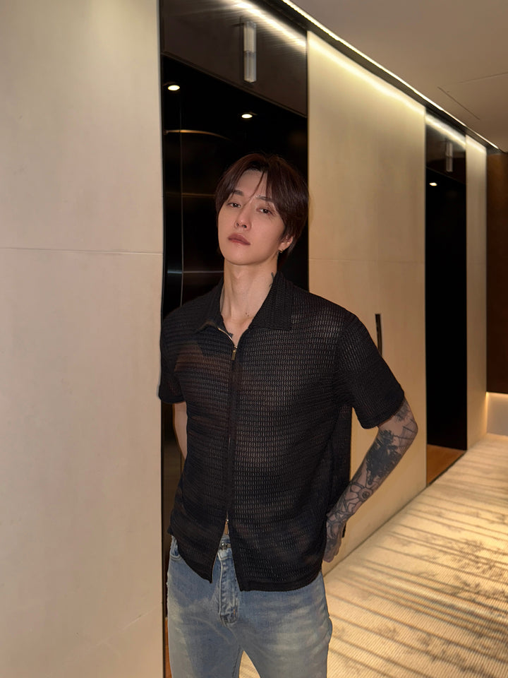 시서커 반팔 지퍼 셔츠 