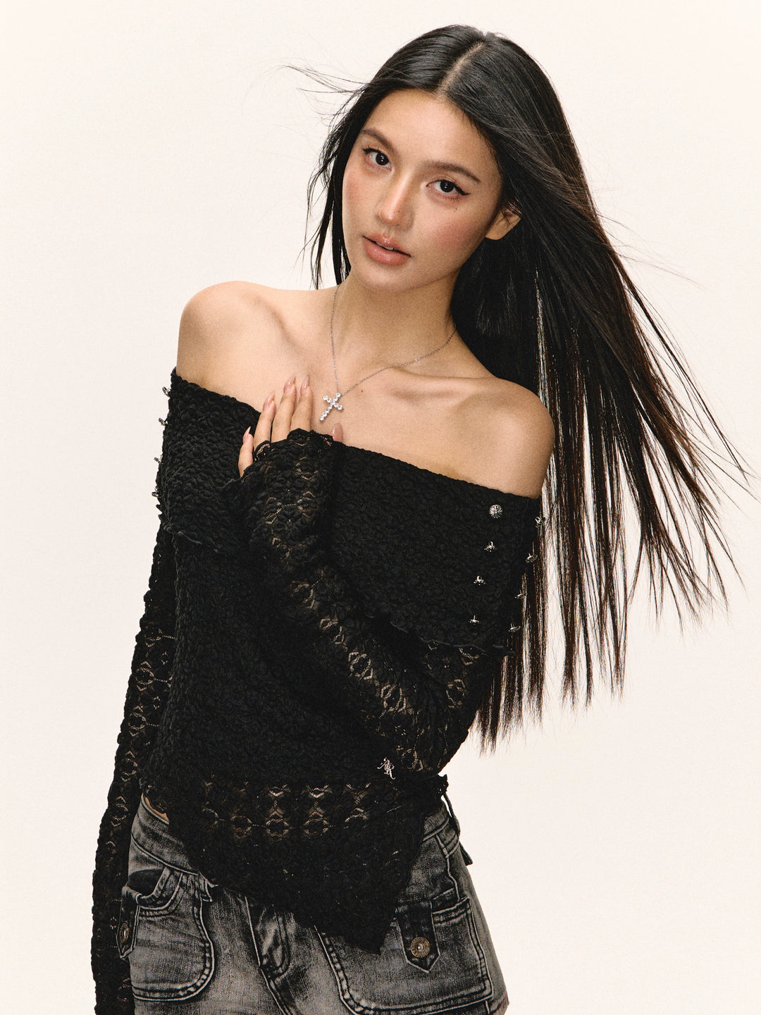Off Shoulder Spets Långärmad Topp 