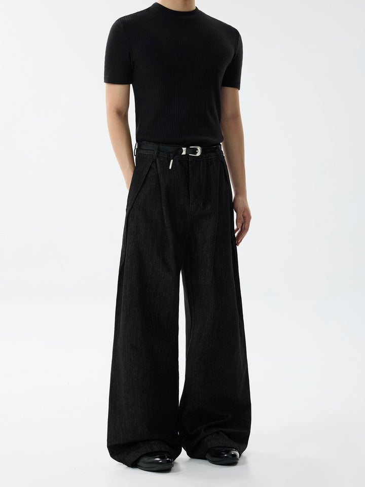 Pleated Wide-Leg A-Line Jeans