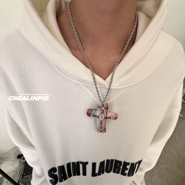 Plaid Cross Pendant Long Chain Necklace