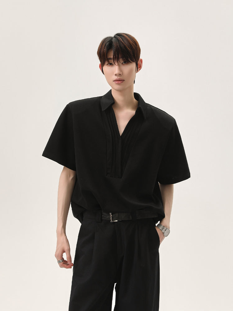 V-Neck Pleated Short-Sleeve Pullover