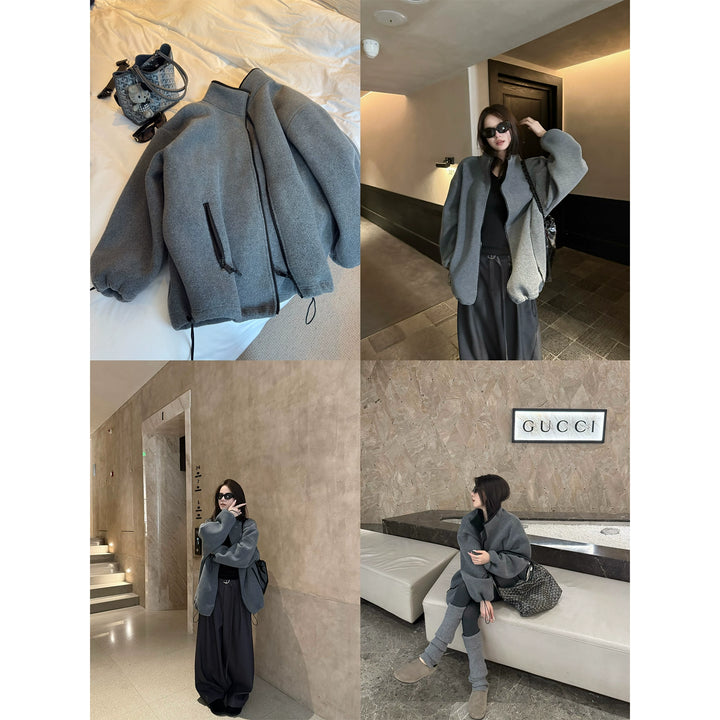 Double-Sided Fleece Stand Collar Zip Hoodie