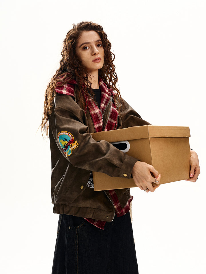 Plaid Splicing Hooded Leather Jacket