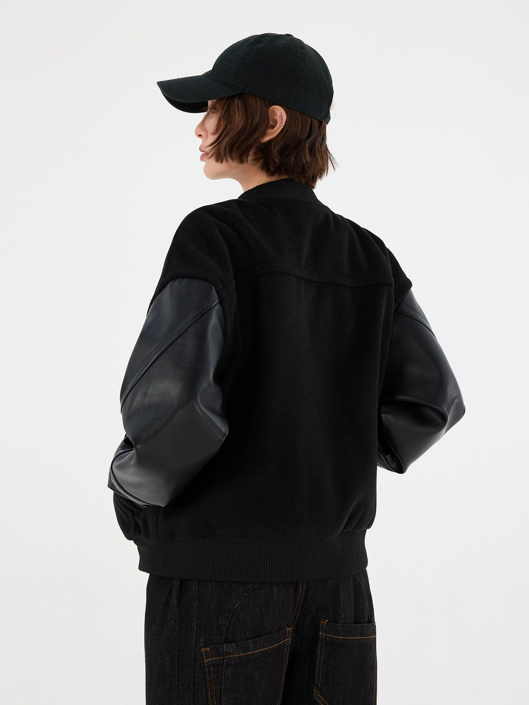 PU Leather Sleeve Baseball Jacket