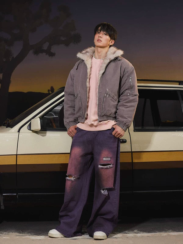 جينز بنطال واسع الساقين بطول الأرض ممزق ومصبوغ 