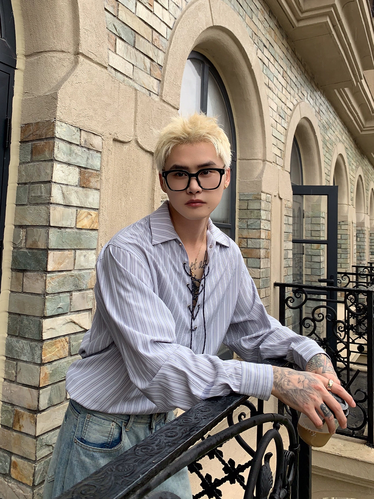 Striped Loose Fit Tie Neck Shirt