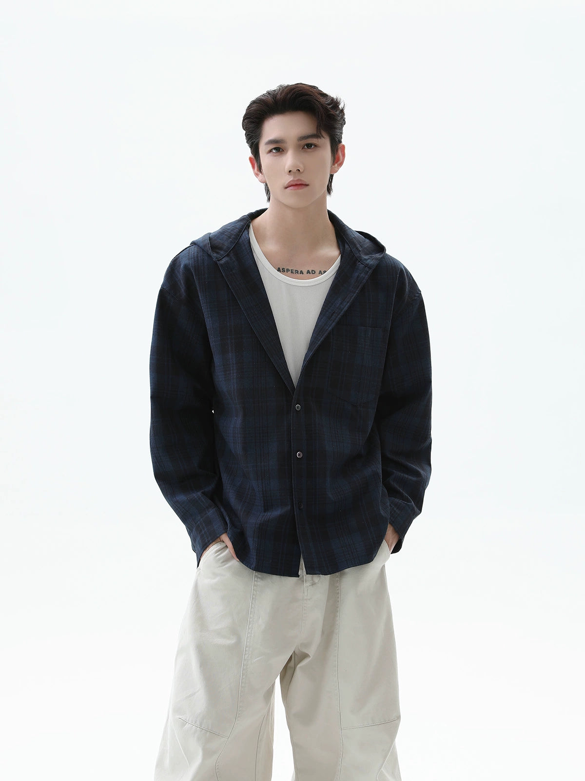 Ekose Kapüşonlu Uzun Kollu Rahat Gömlek 