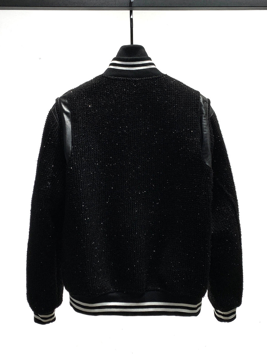 Tweed PU Deri Üniversite Beyzbol Ceket 