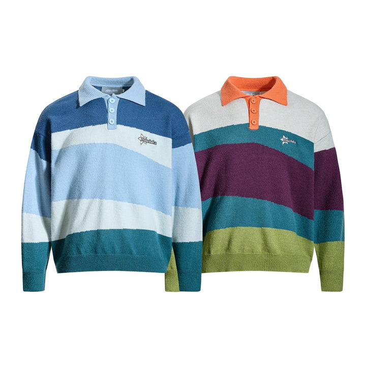 Striped Knit Polo Collar Sweater