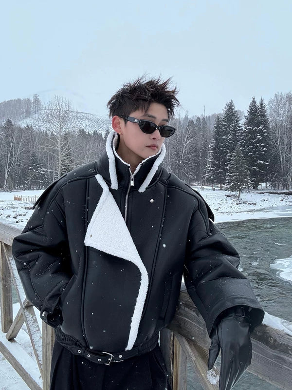 Куртка с воротником-стойкой из искусственной кожи с подкладкой из овчины 