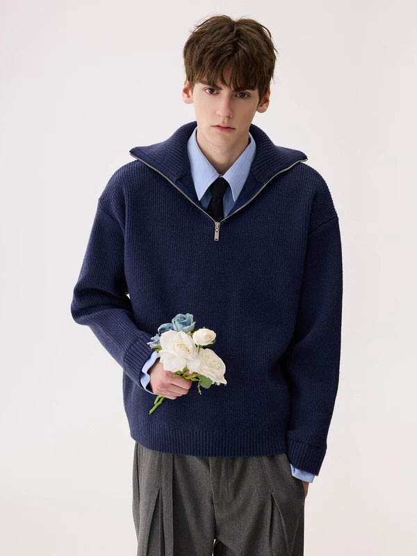 ハーフジップリブニットセーター 