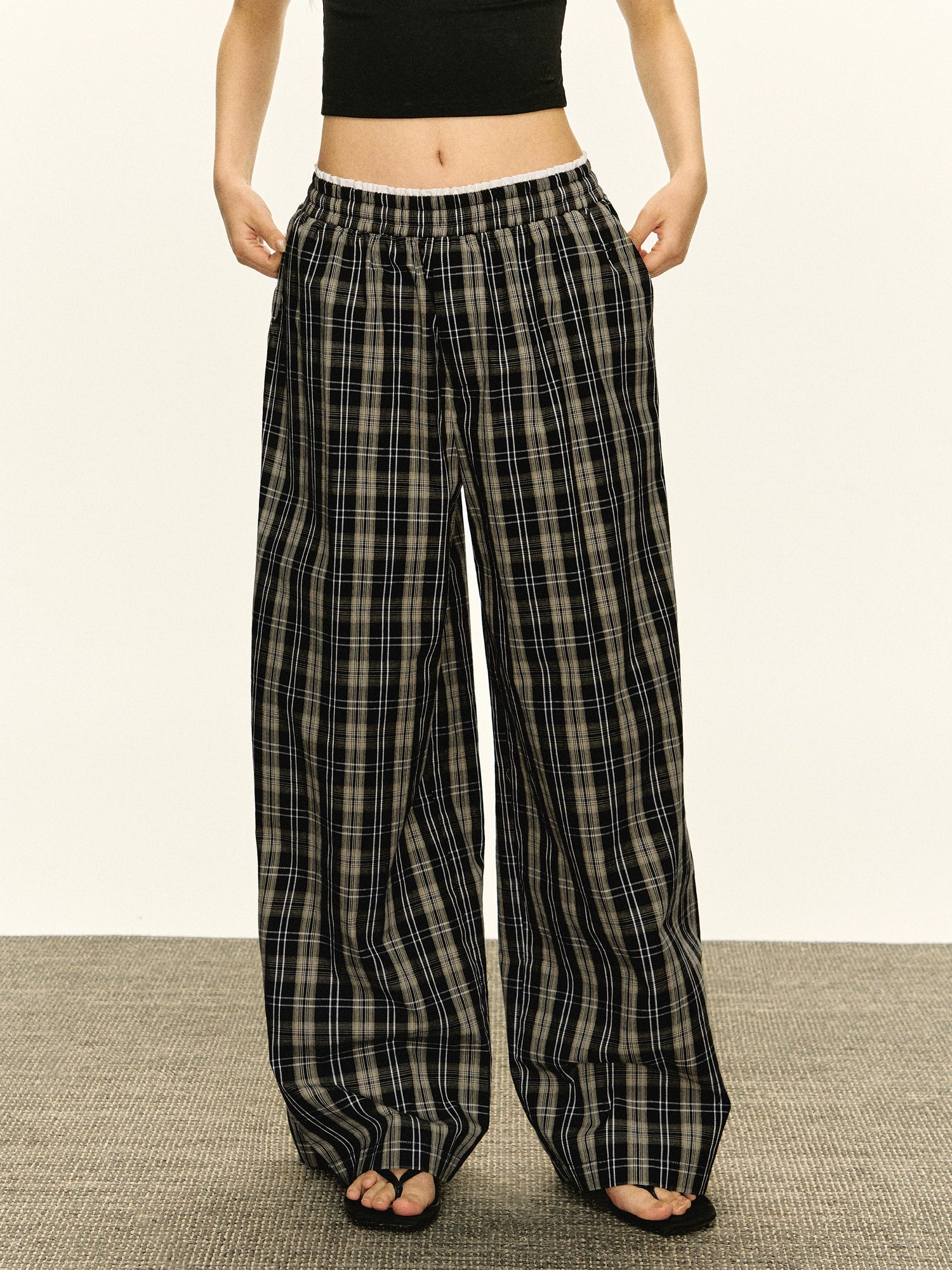 Retro Plaid Wide Leg Casual Pants