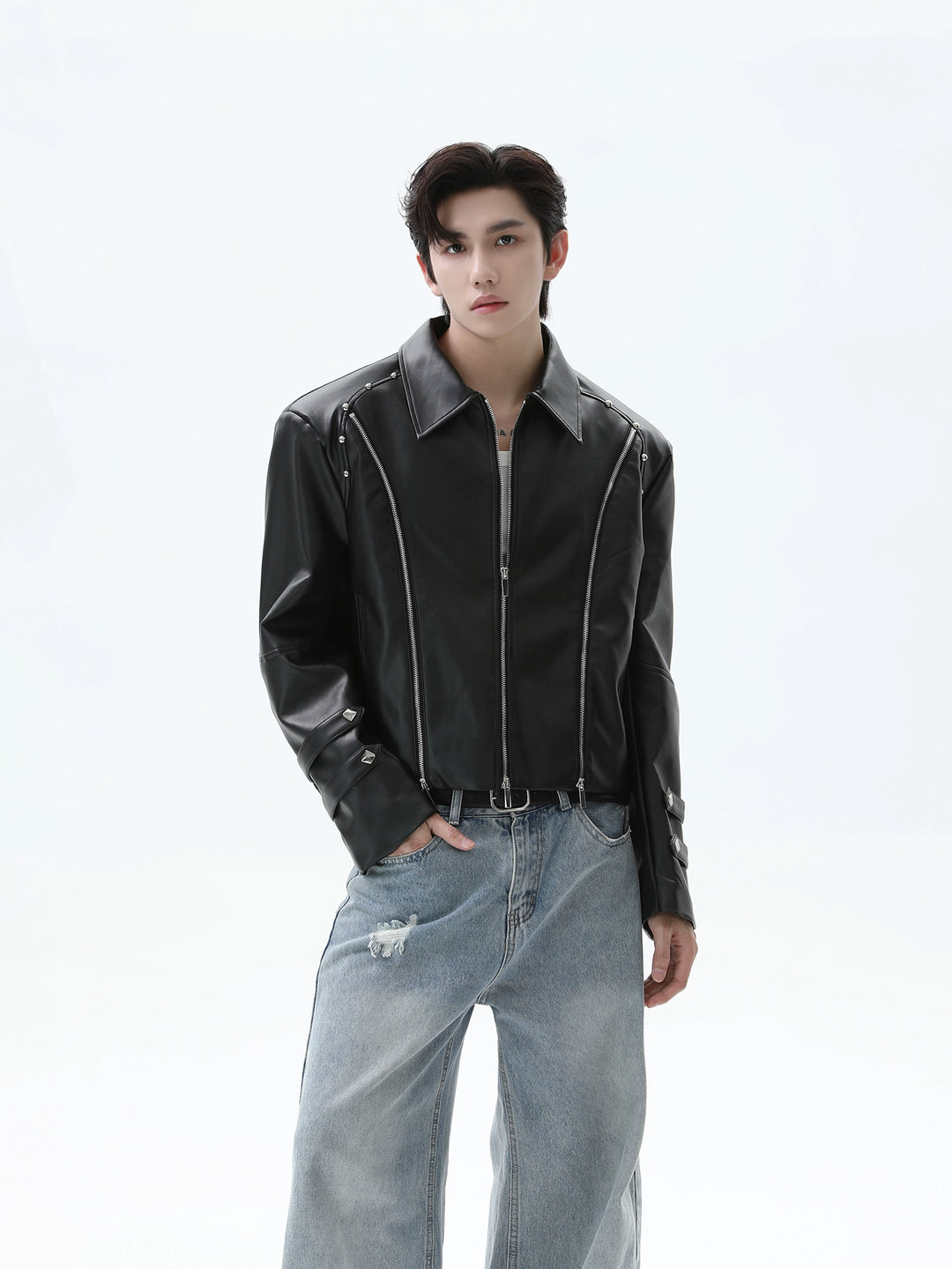 Veste de moto en cuir avec design de rivets 