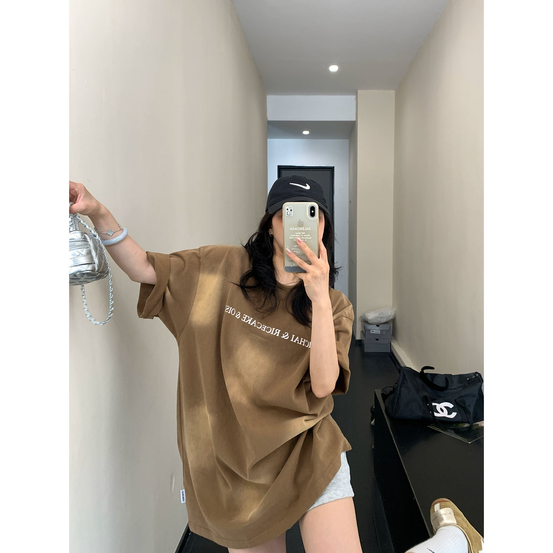 Retro Washed Cotton Letter Print T-Shirt