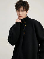 Metal Button-Up Mock Neck Knit Sweater