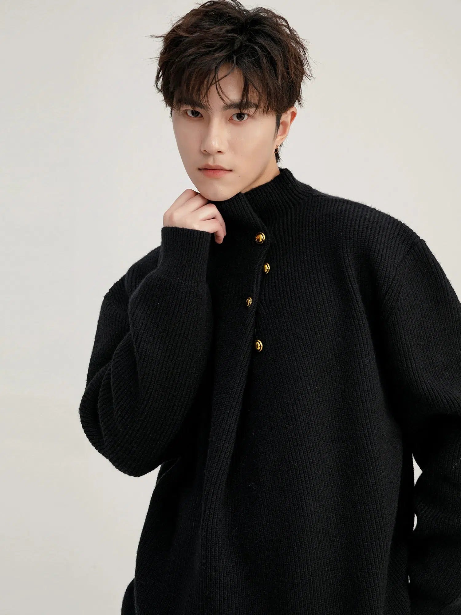 Metal Button-Up Mock Neck Knit Sweater