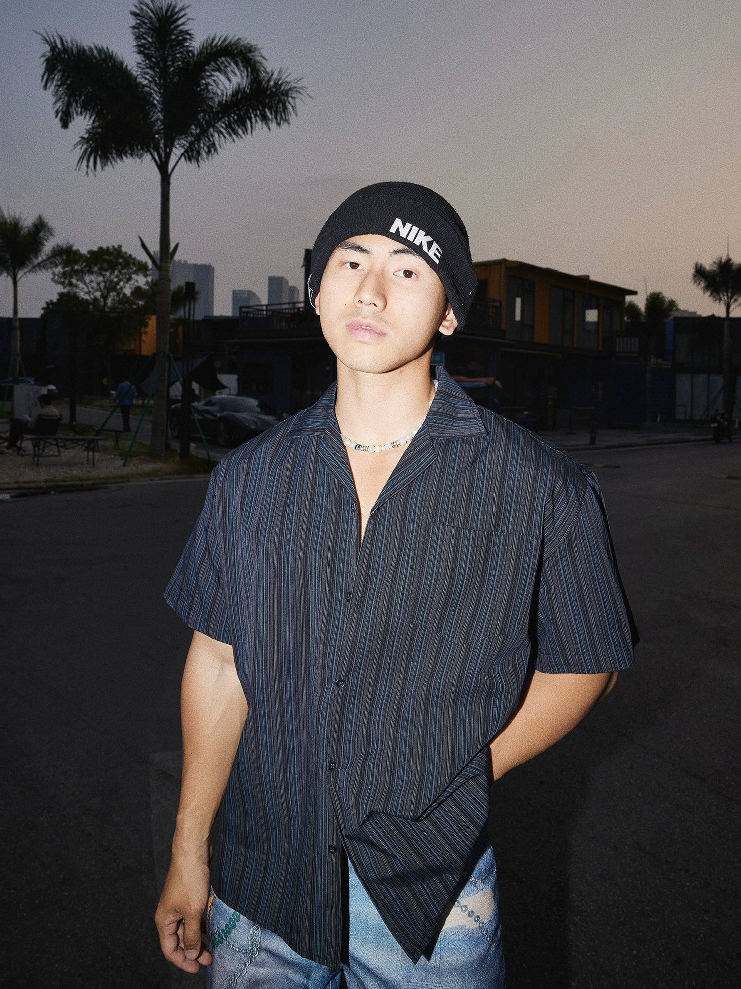 Texturierte gestreifte Kurzarm-Casual-Hemd 