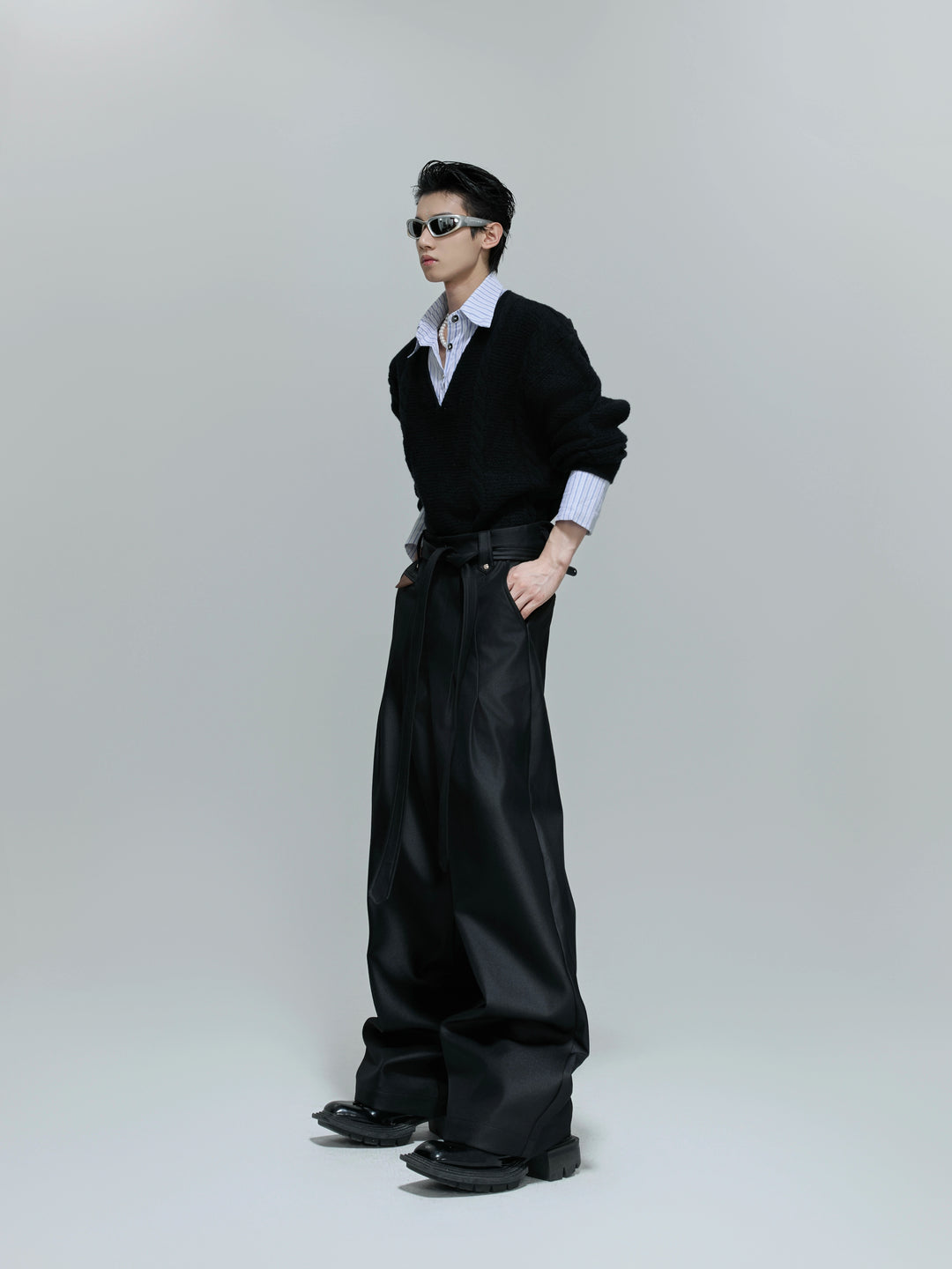 Glossy Pleated Wide Leg Straight Pants