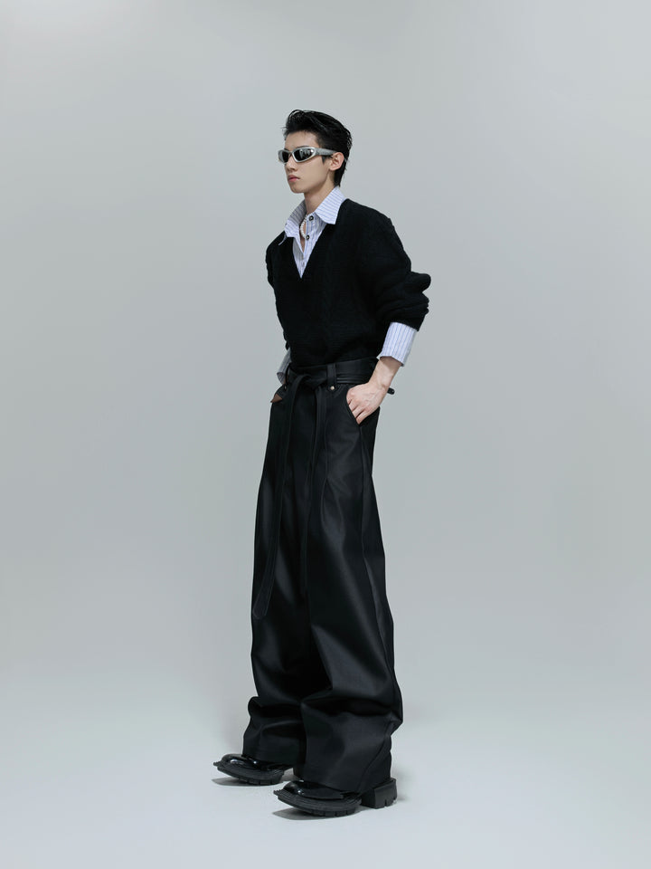 Glossy Pleated Wide Leg Straight Pants