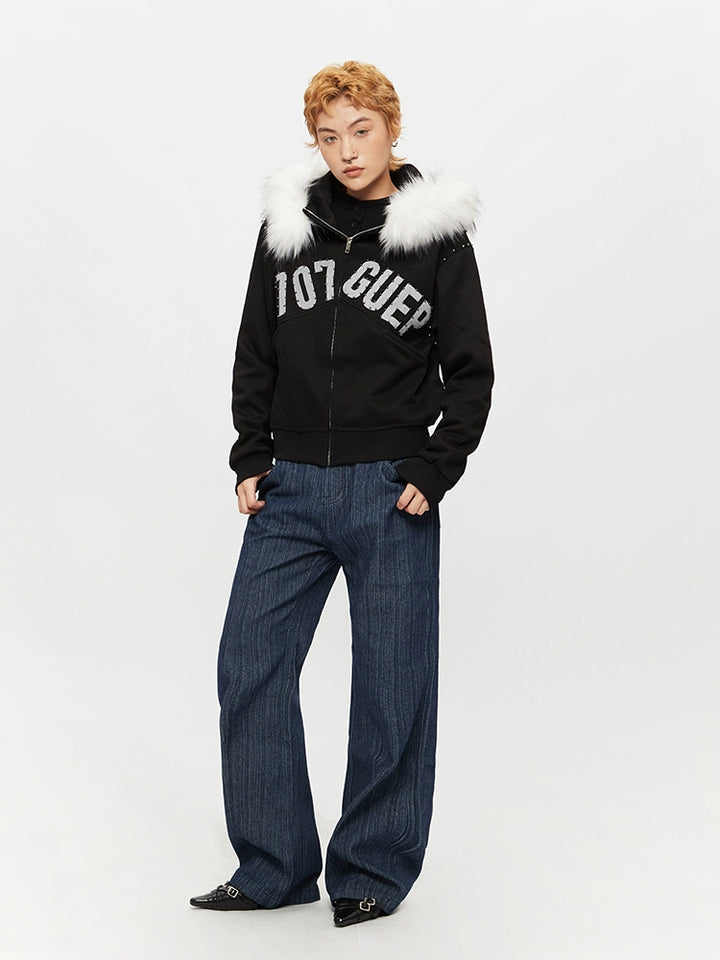 Fur Collar Hooded Letter Print Jacket