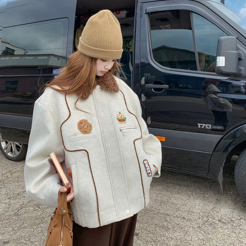 معطف صوف مبطن بياقة من الفرو الصناعي 