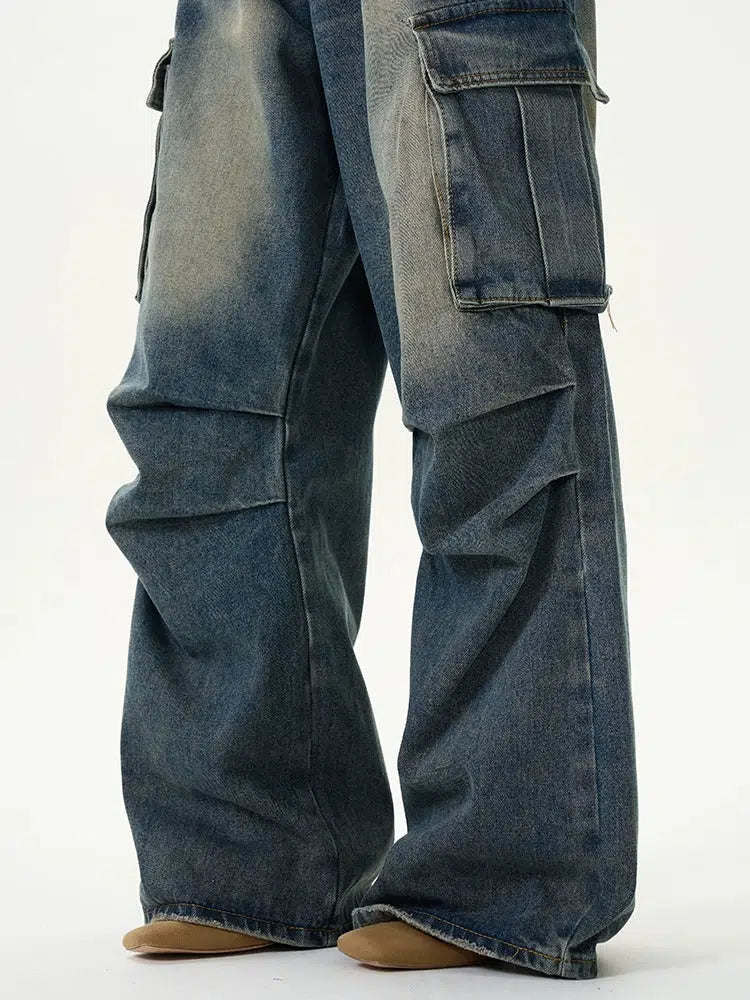 Retro Pleated Multi-Pocket Workwear Jeans