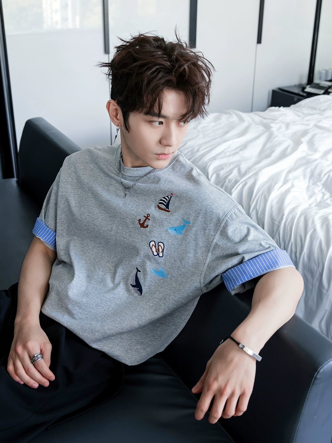 Sailing Theme Embroidered Loose Fit T-Shirt